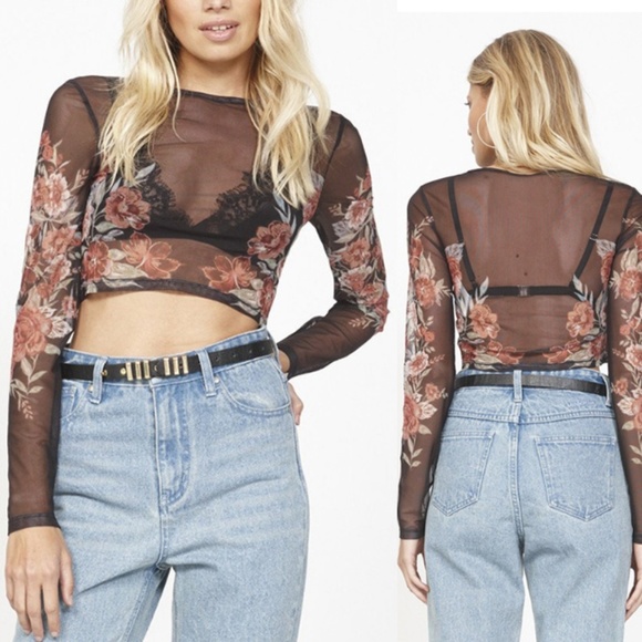 MINKPINK Tops - NWT MINKPINK Mesh Crop Flower Floral Black Top
